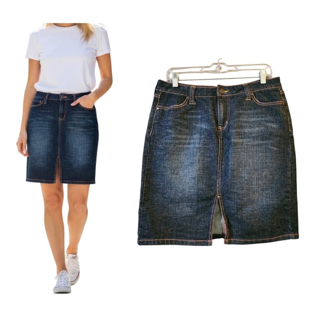 Apt 9 Womens Denim Pencil Skirt Size 12P Petite Indigo Slit Front Stretch